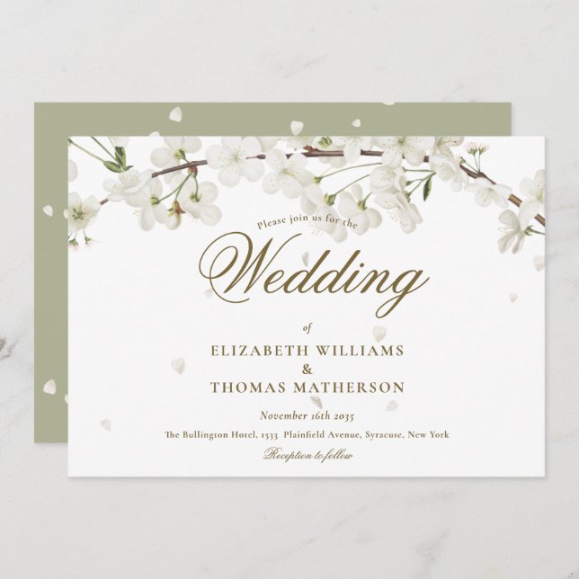 Convites Casamento Floral Dourado do Flor Blossom Branco (Frente/Verso)