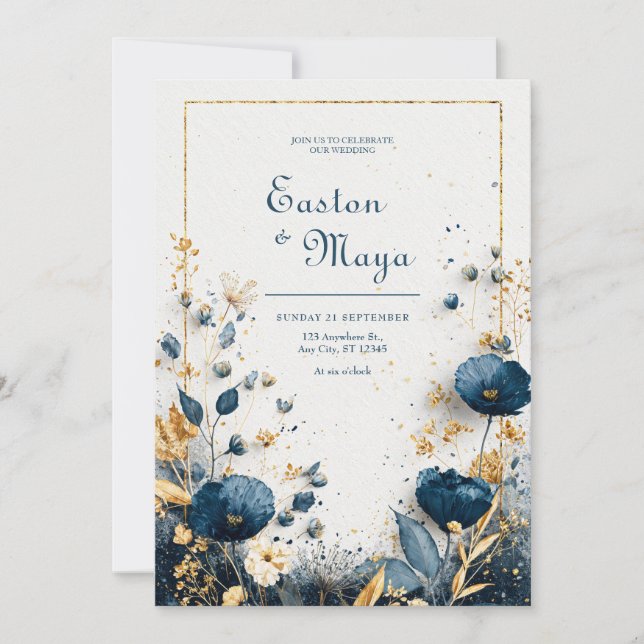 Convites Casamento Floral Dourado do Marinho Azure Blooms E (Frente)