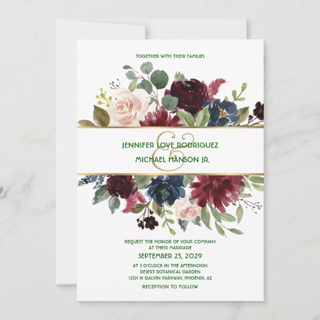 Convites Casamento Floral Dourado do Marinho Emerald Green  (Frente)