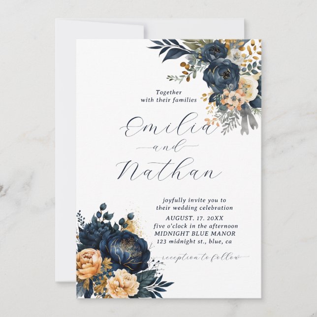 Convites Casamento Floral Dourado e Azul da Meia-Noite (Frente)