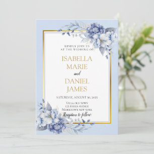 Convites Casamento Floral Dourado e Azul Elegante