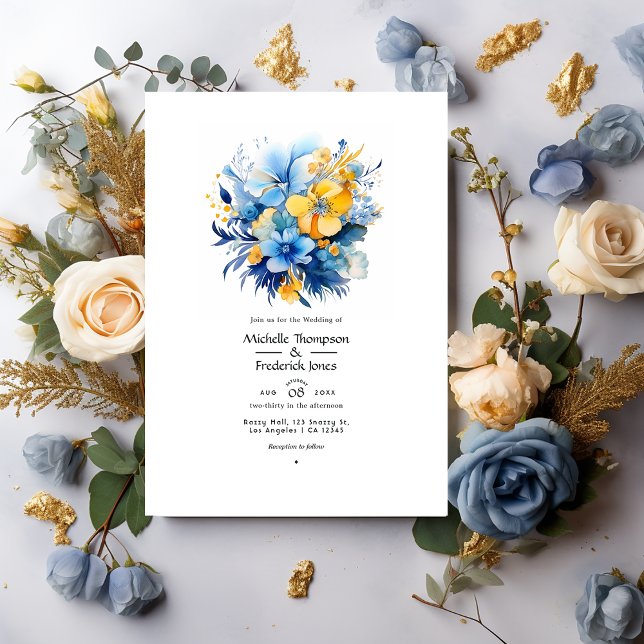 Convites Casamento Floral Dourado e Azul Elemental (Criador carregado)