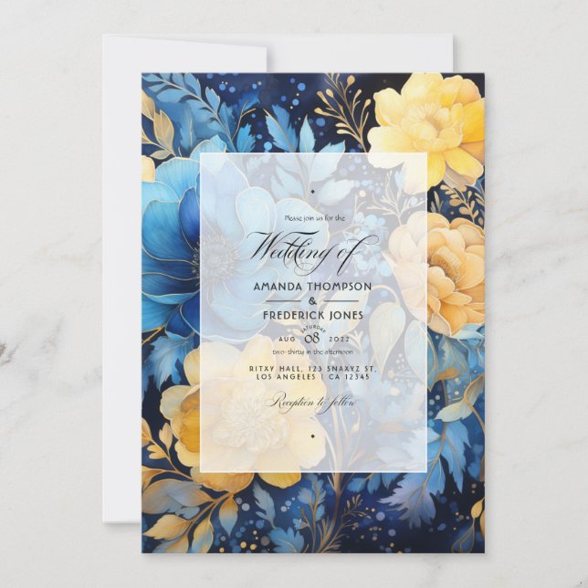 Convites Casamento Floral Dourado e Azul Elemental (Frente)