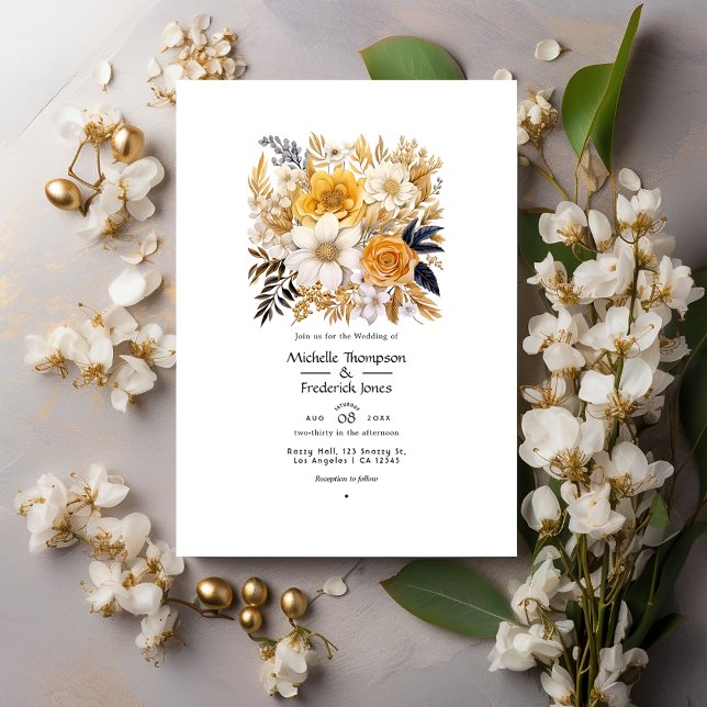 Convites Casamento Floral Dourado e Branco (Criador carregado)