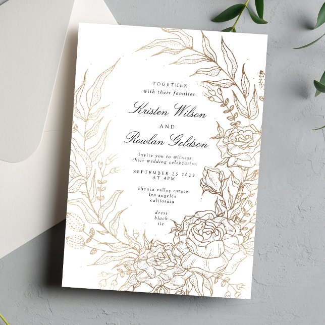 Convites Casamento Floral Dourado e Branco Premium (Criador carregado)