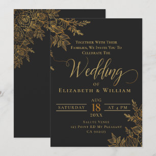Convites Casamento floral Dourado e negro