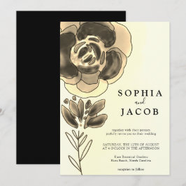 Convites Casamento Floral Dourado e Preto de Aquarela