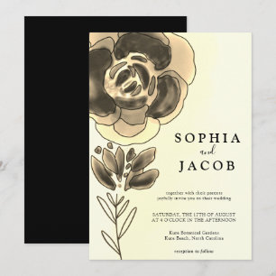 Convites Casamento Floral Dourado e Preto de Aquarela