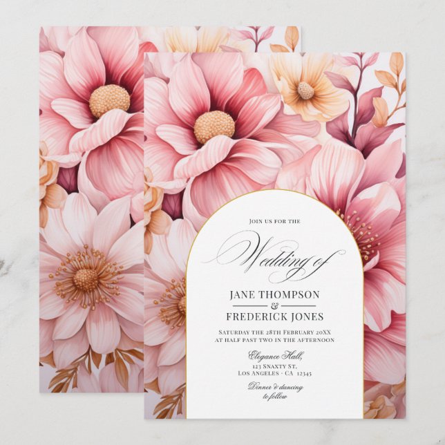 Convites Casamento Floral Dourado e Rosa Esbranquiçado (Frente/Verso)