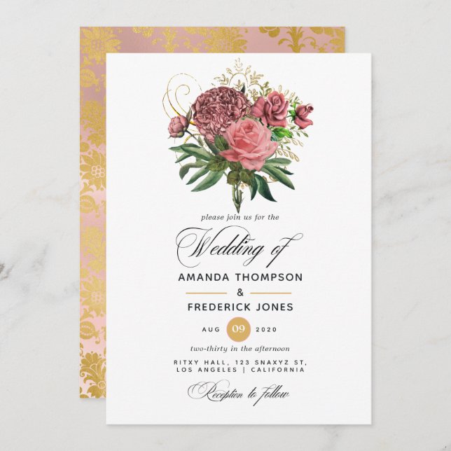 Convites Casamento Floral Dourado e Rosa Esbranquiçado (Frente/Verso)
