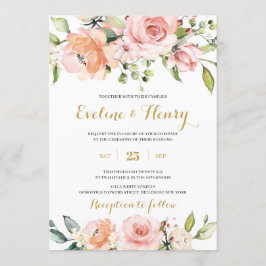 Convites Casamento floral, dourado e rosa-pincel