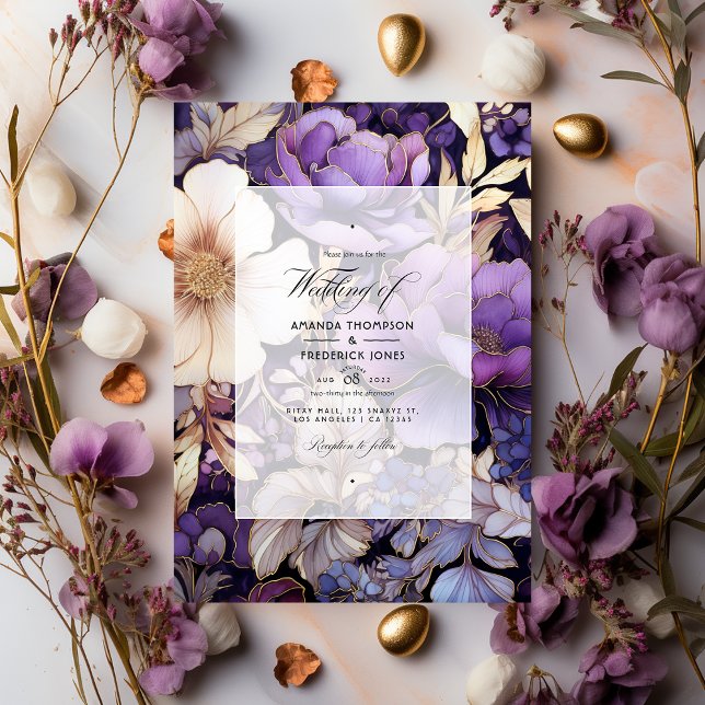 Convites Casamento Floral Dourado e Roxo (Criador carregado)