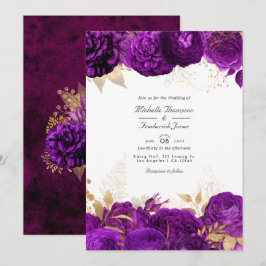 Convites Casamento Floral Dourado e Roxo