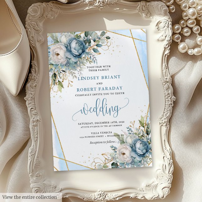 Convites Casamento Floral Dourado e sofisticado, Azul (Sophisticated Dusty Blue Gold Floral Wedding Invite)