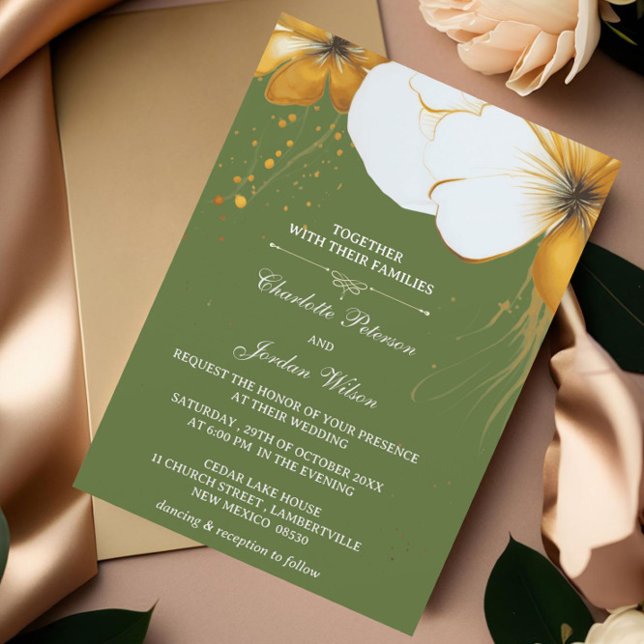 Convites Casamento Floral Dourado e Verde Oleícola (Criador carregado)