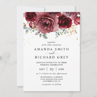 Convites Casamento Floral Dourado e Vermelho do Moderno Boh