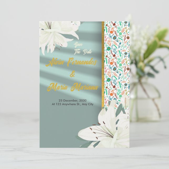 Convites Casamento Floral Dourado Elegante (Em pé/Frente)