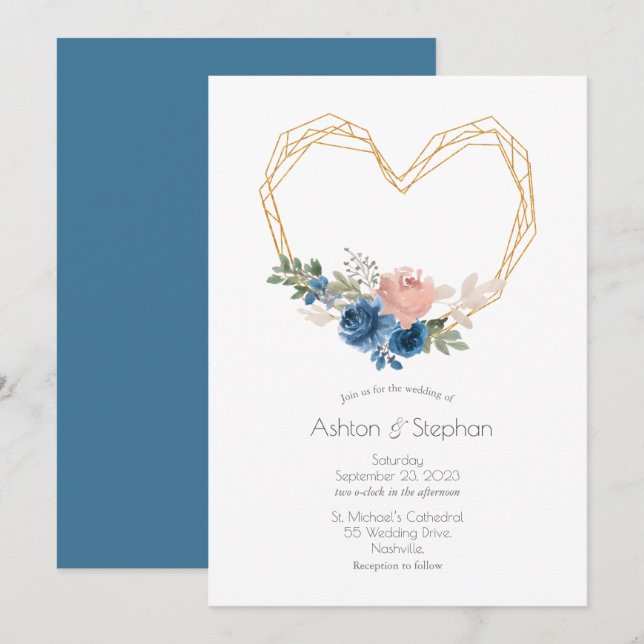 Convites Casamento Floral Dourado Elegante (Frente/Verso)