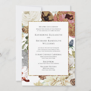 Convites Casamento Floral & Dourado Elegante