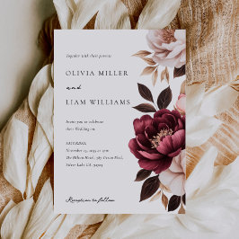 Convites Casamento Floral Dourado Elegante Burgundy