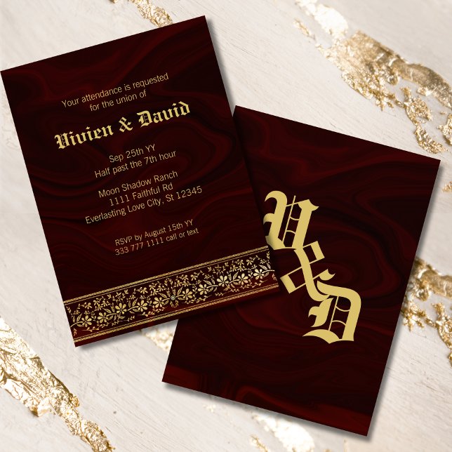 Convites Casamento Floral Dourado Elegante Burgundy (Criador carregado)