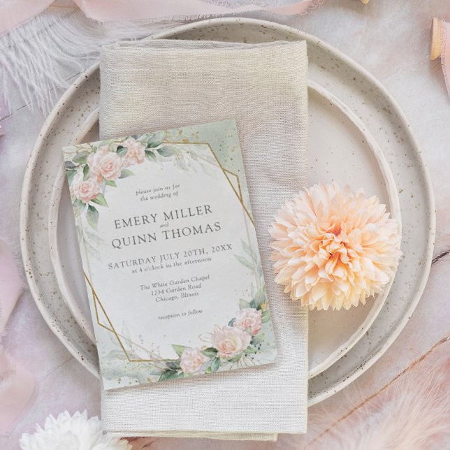 Convites Casamento Floral Dourado Elegante Greenery (Criador carregado)