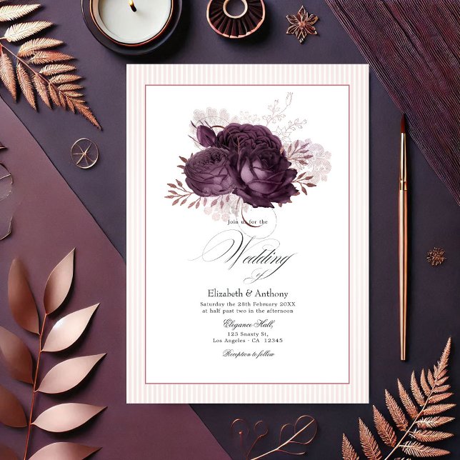 Convites Casamento Floral Dourado Elegante Roxo Escuro e Ro (Elegant Dark Purple and Rose Gold Floral Wedding Invitation)