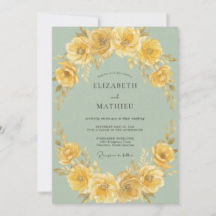Convites Casamento Floral Dourado em Verde Salvia