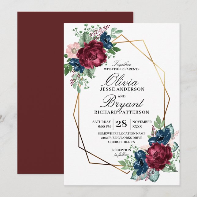 Convites Casamento Floral Dourado Geo Marinho Burgundy (Frente/Verso)