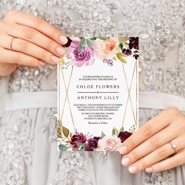 Convites Casamento Floral Dourado Geométrico Blush Burgundy (Criador carregado)