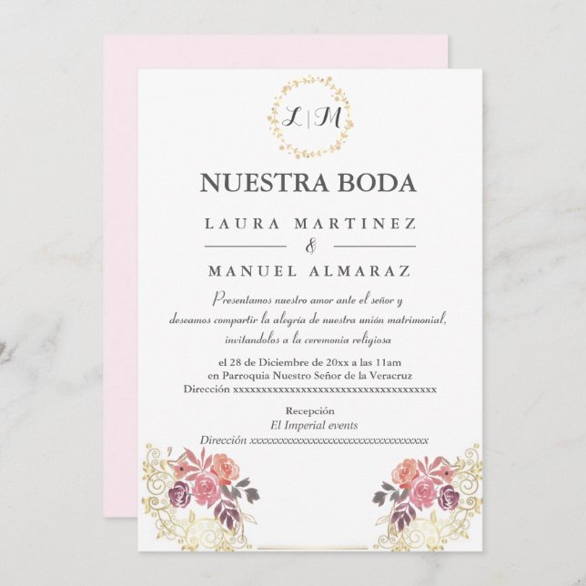 Convites Casamento Floral Dourado Lavenderblush Espanhol (Frente/Verso)