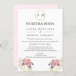 Convites Casamento Floral Dourado Lavenderblush Espanhol