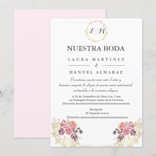 Convites Casamento Floral Dourado Lavenderblush Espanhol