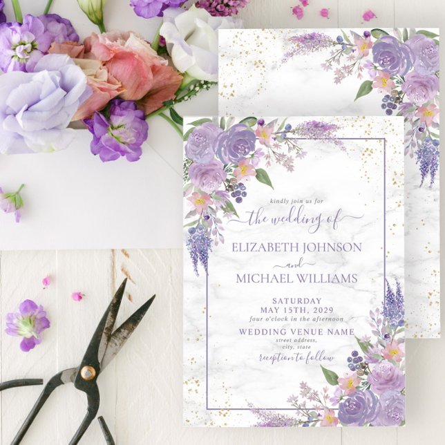 Convites Casamento Floral Dourado Lilac Marble Lavanda rust (Criador carregado)