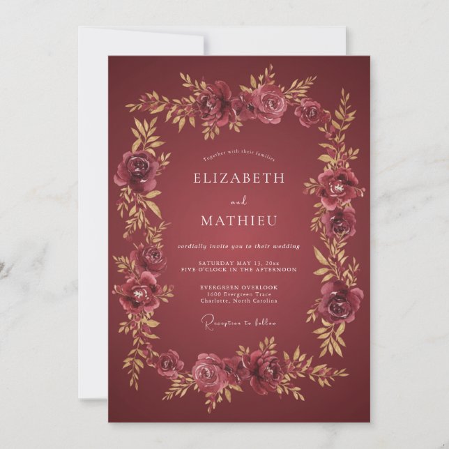 Convites Casamento Floral Dourado Marrom Escuro (Frente)
