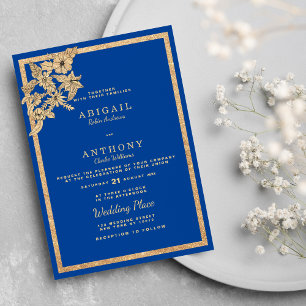 Convites Casamento Floral Dourado Na moda Royal Blue