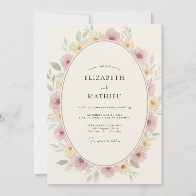 Convites Casamento Floral Dourado Pálido Rubor (Frente)