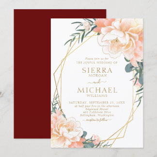 Convites Casamento Floral Dourado Peach Burgundy