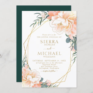 Convites Casamento Floral Dourado Peach Emerald Green