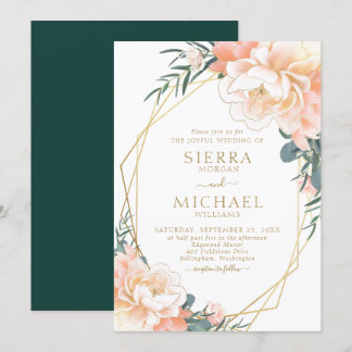 Convites Casamento Floral Dourado Peach Emerald Green