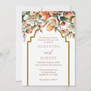 Convites Casamento Floral Dourado Peach Watercolor