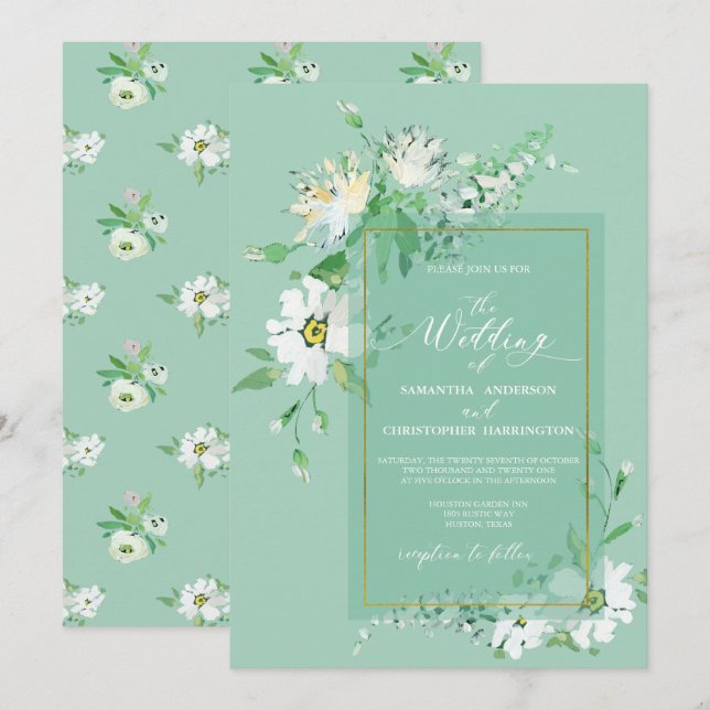 Convites Casamento Floral Dourado Pintado por Neo Mint Gree (Frente/Verso)