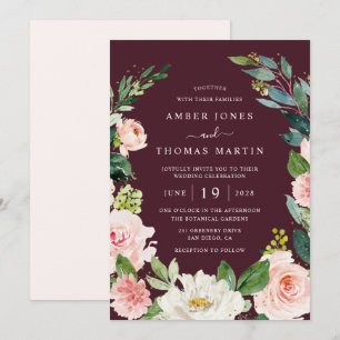 Convites Casamento Floral Dourado Rosa Borgonha Aquarela