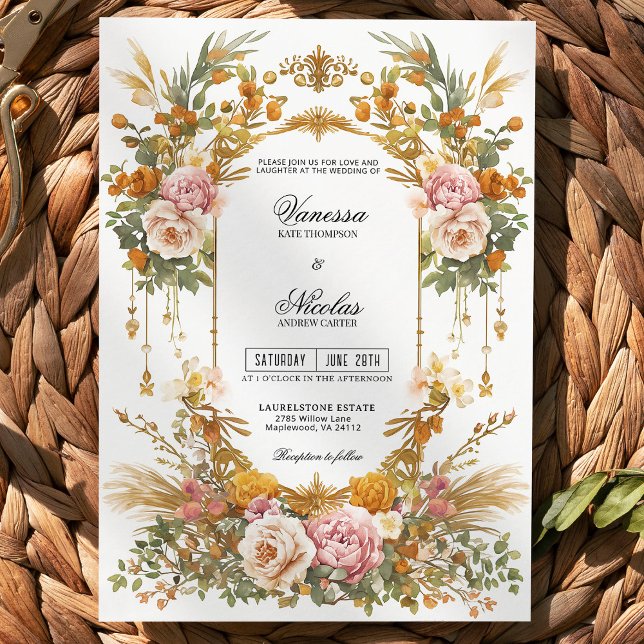 Convites Casamento Floral Dourado Rosa Choque em Mansão de  (Criador carregado)