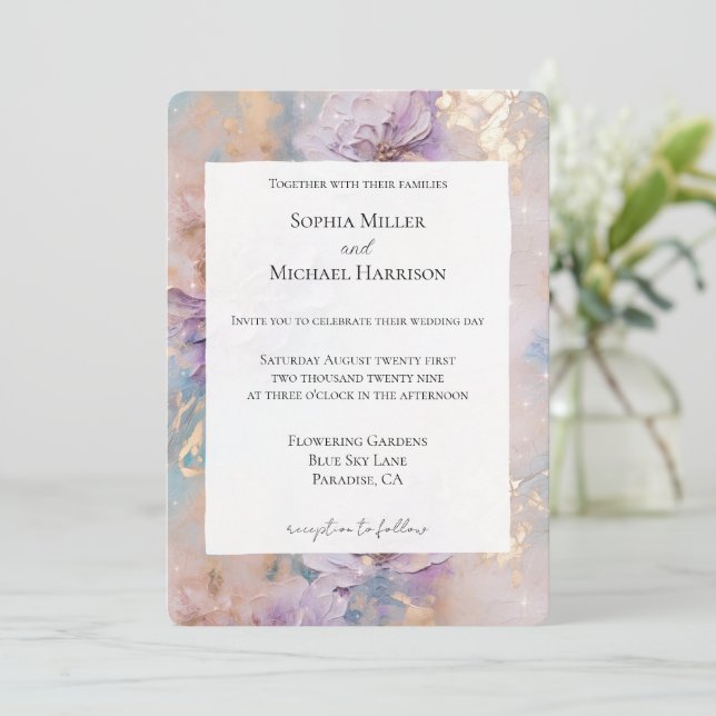 Convites Casamento Floral Dourado Roxo Bonito (Em pé/Frente)