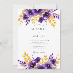 Convites Casamento Floral Dourado Roxo Polido