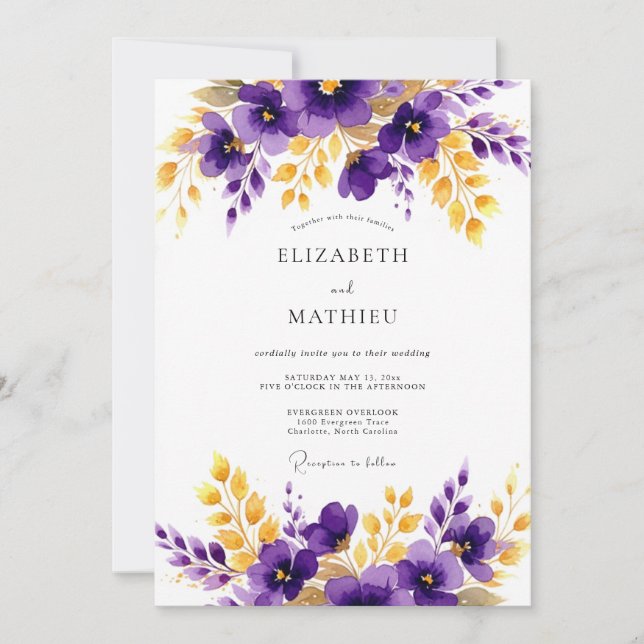 Convites Casamento Floral Dourado Roxo Polido (Frente)
