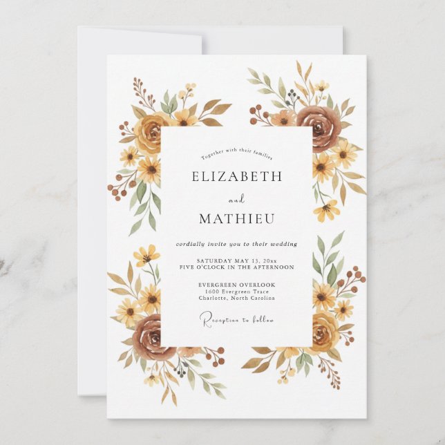 Convites Casamento Floral Dourado Silenciado (Frente)