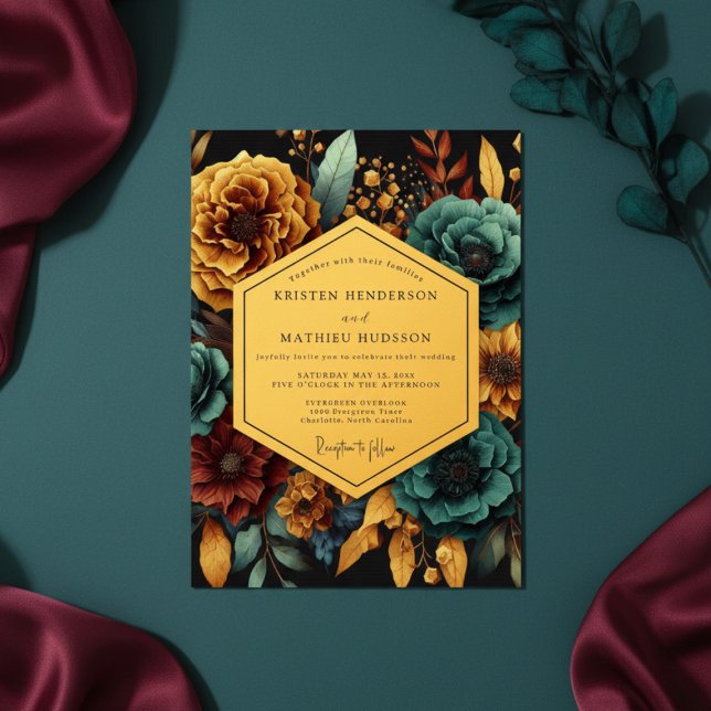 Convites Casamento Floral Dourado Teal Noturno (Criador carregado)