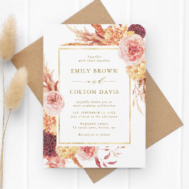 Convites Casamento Floral Dourado Teracotta Watercolor